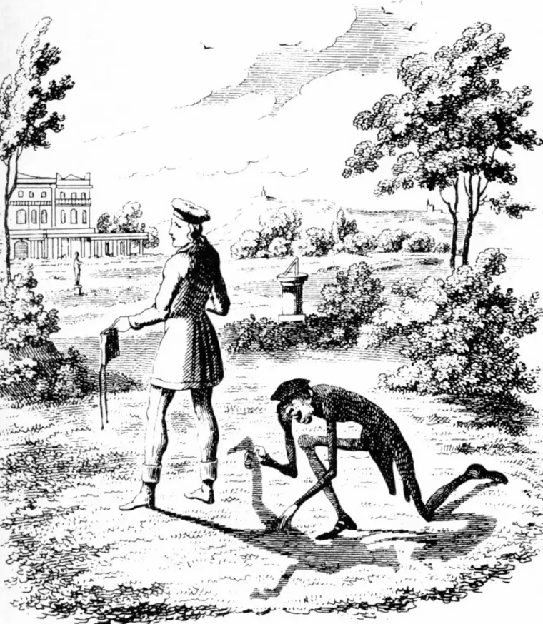 Ein Mann im grauen Rock kniet am Boden und rollt den Schatten eines anderen Mannes auf, Illustration zu Peter Schlemihl