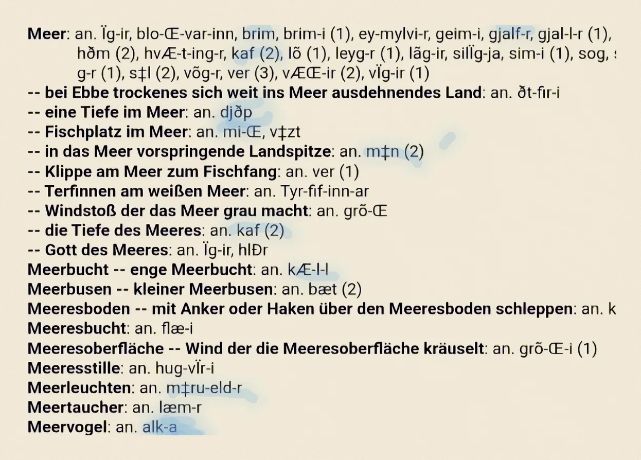 Ausschnitt aus einem altnordischen Wörterbuch: Einträge rund um das Wort Meer, einige Wörter blau markiert