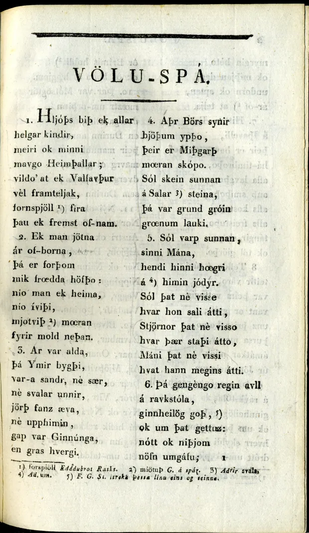 Erste Seite der Völuspá in altnordischer Sprache, gedruckt 1818