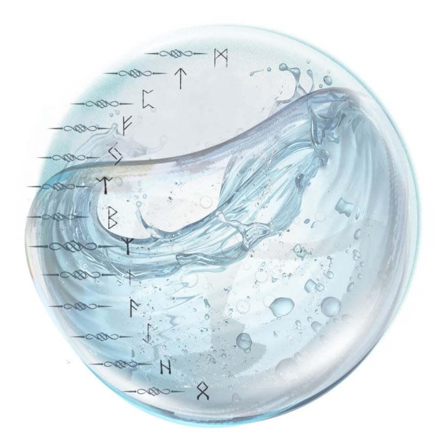 Die Zeitkugel: eine Glaskugel mit einer Welle, daneben eine Reihe Mymengard-Runen