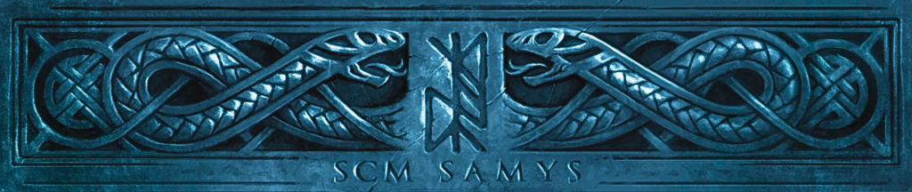 Logo S.C.M. Samys: geflochtenes Schlangenband aus Stein mit Rune in der Mitte, darunter der Schriftzug