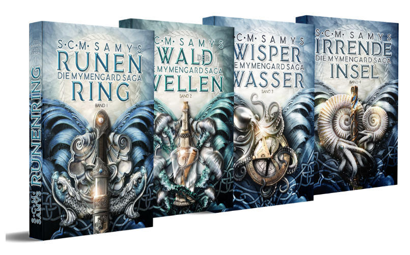Die ersten vier Bände der Mymengard-Saga von S.C.M. Samys: »Runenring«, »Wald der Wellen«, »Wisperwasser« und »Irrende Insel«.